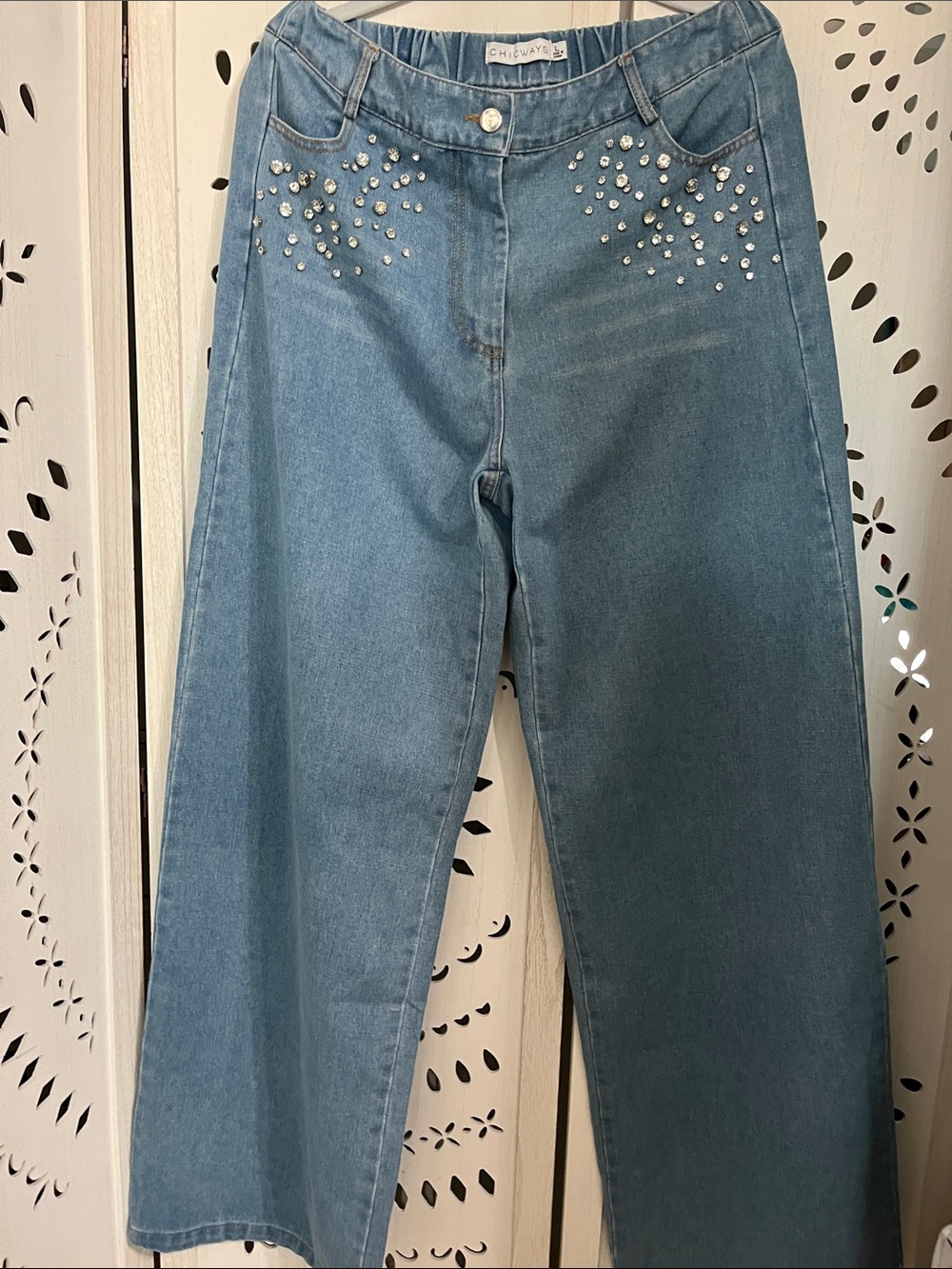 Embellished Blue Chambray Denim Wide-Leg Jeans -NWOT